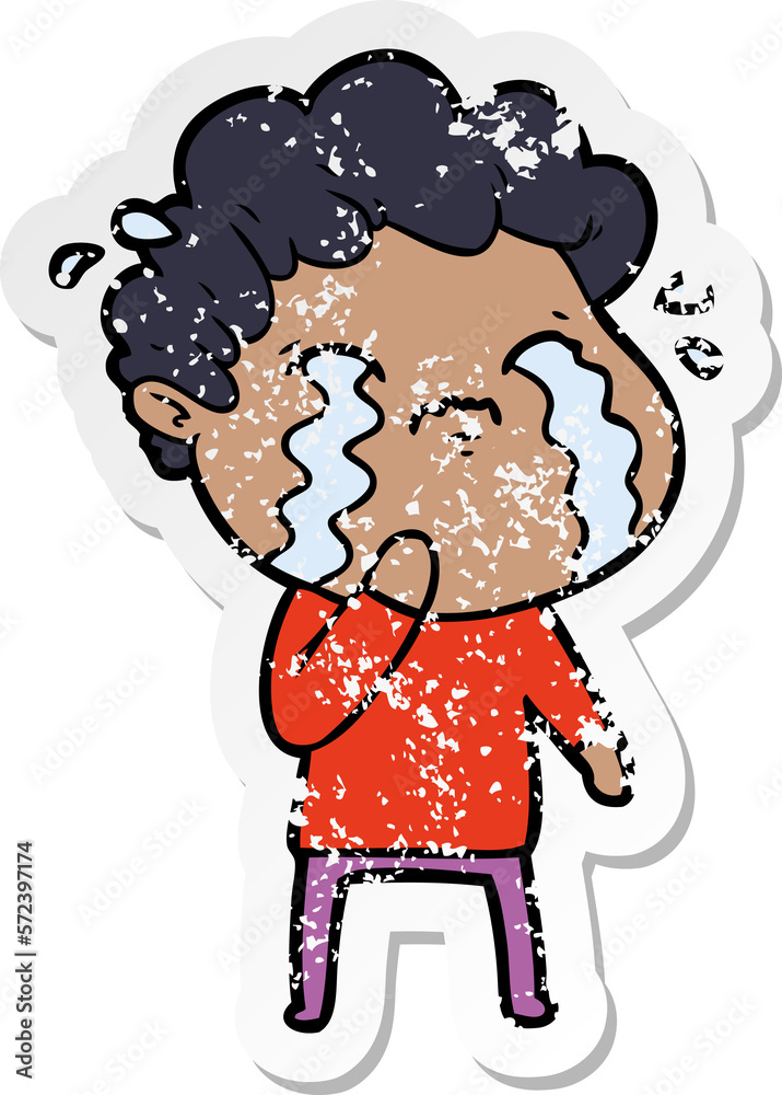 distressed sticker of a cartoon man crying distressed sticker of a cartoon man crying