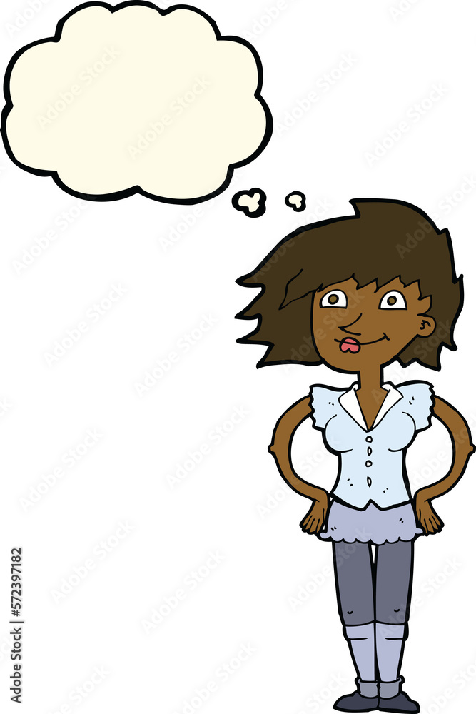 cartoon woman with hands on hips with thought bubble cartoon woman with hands on hips with thought bubble