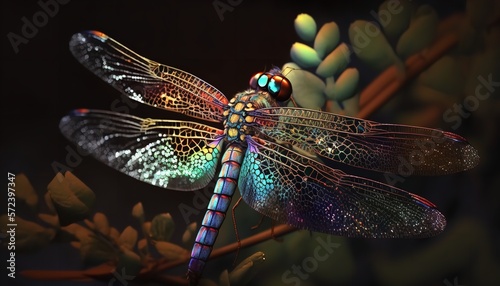 A computer generated illustration of an dragonfly on a branch. Generative Ai. © MinixT