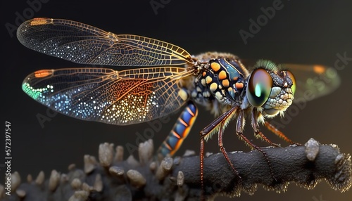 A computer generated illustration of an dragonfly on a branch. Generative Ai. © MinixT