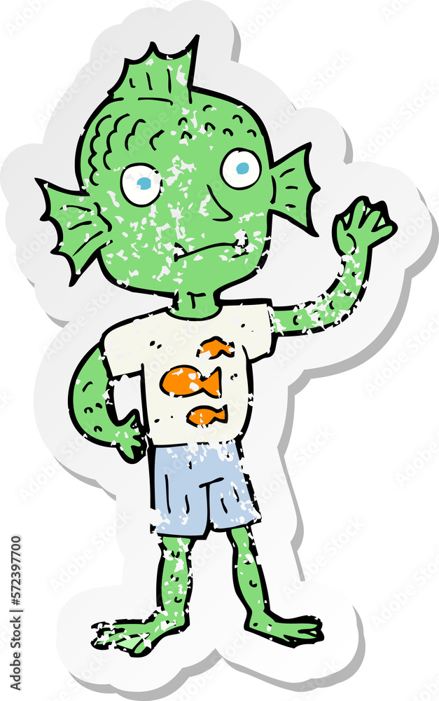 retro distressed sticker of a cartoon waving fish boy retro distressed sticker of a cartoon waving fish boy