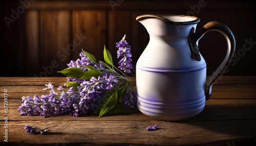 a jug of milk on a wooden table. lilac.rustic style. generative AI