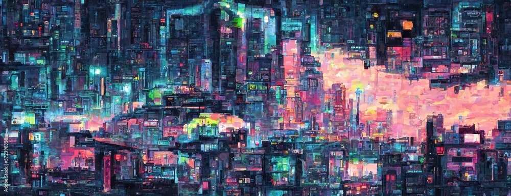 Cyberpunk city street. Sci-fi wallpaper. Futuristic city scene in a style  of pixel art. Urban scene. Generative AI. 22451640 Stock Photo at Vecteezy