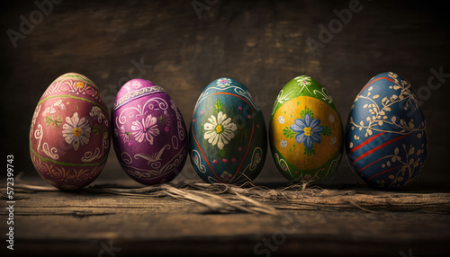 Easter painted eggs on an old wooden table  rustic style  Easter. generative AI