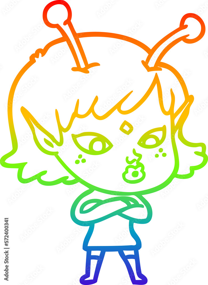 rainbow gradient line drawing pretty cartoon alien girl