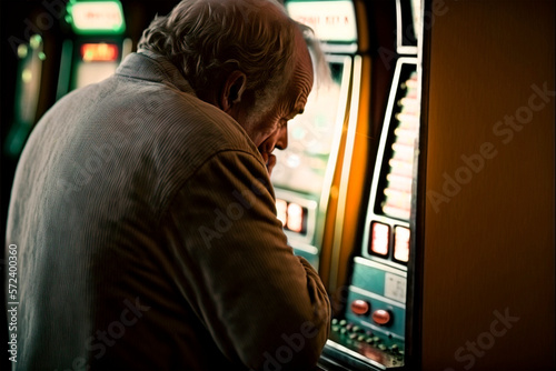 Ein älterer trauriger Mann spielt an Glückspielautomaten in einer Spielhalle. Er grübelt und fasst sich ans Kinn. Eine Haarsträhne fällt im ins Gesicht. Generative KI. Farbige Lichter bilden Bokeh im 