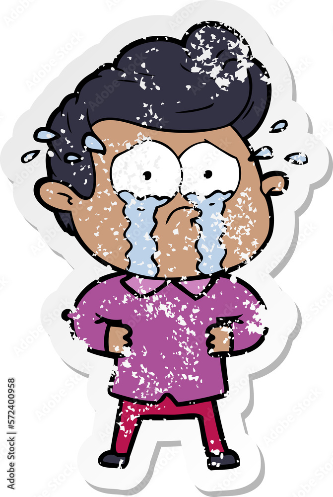 distressed sticker of a cartoon crying man with hands on hips