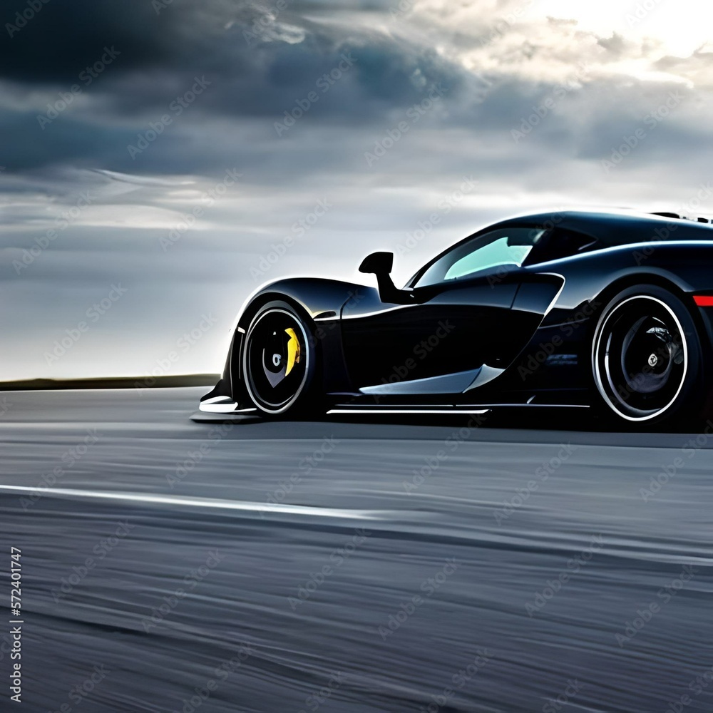 Black sports car sideways by road on cloudy day