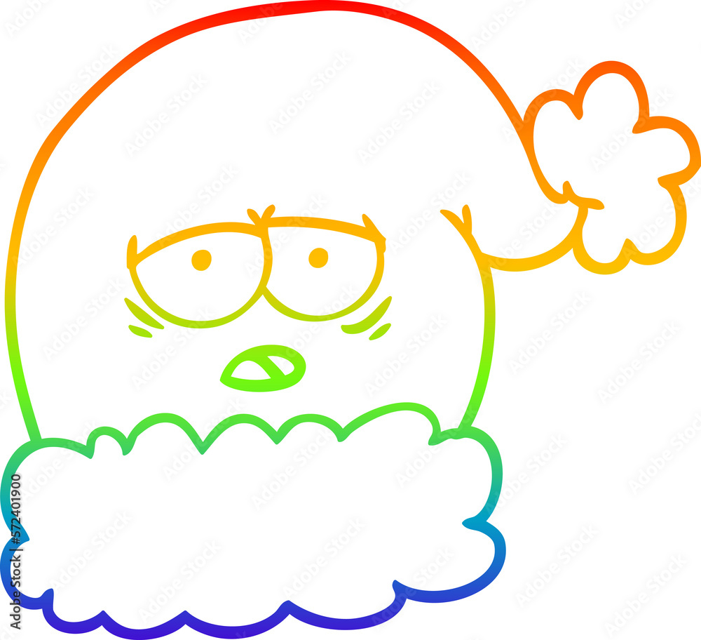 rainbow gradient line drawing cartoon christmas santa hat with tired face
