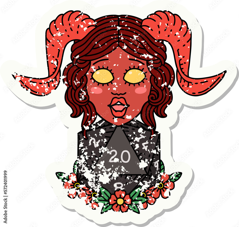 tiefling with natural twenty dice roll grunge sticker tiefling with natural twenty dice roll grunge sticker