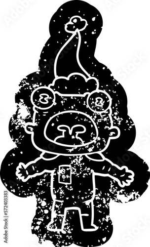 cartoon distressed icon of a weird alien communicating wearing santa hat