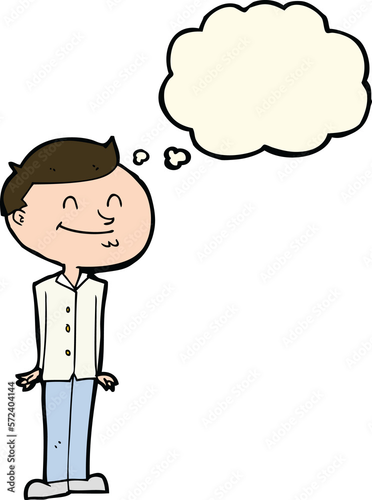 cartoon smiling man with thought bubble