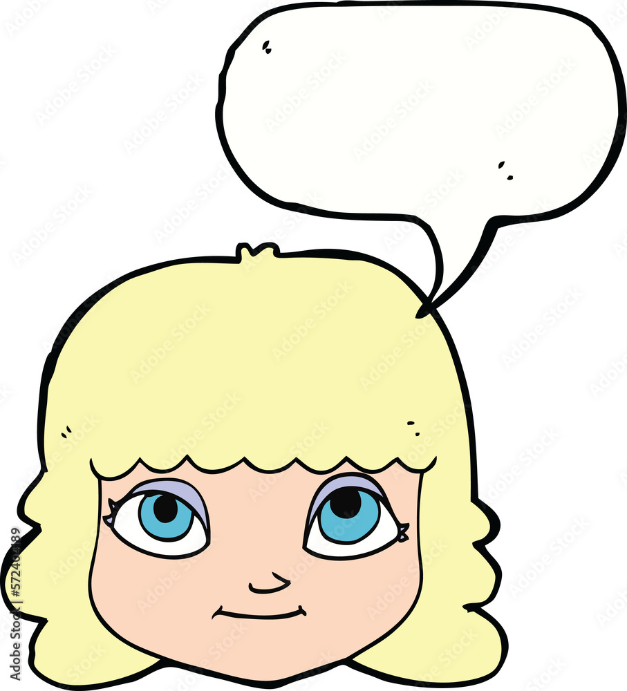 cartoon happy female face with speech bubble