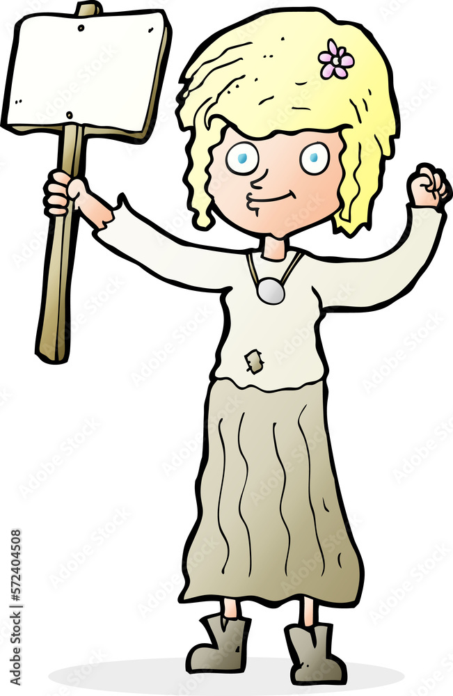 cartoon hippie girl with protest sign