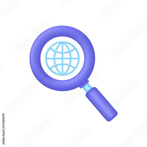 3D Globe hyperlink icon and magnifying glass. Search WWW sign. Web hosting technology. Browser search website page.