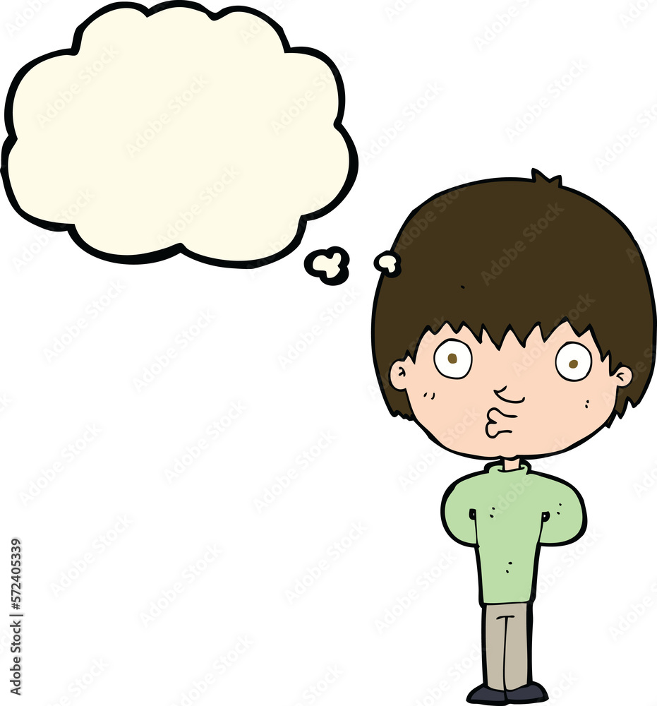 cartoon whistling boy with thought bubble