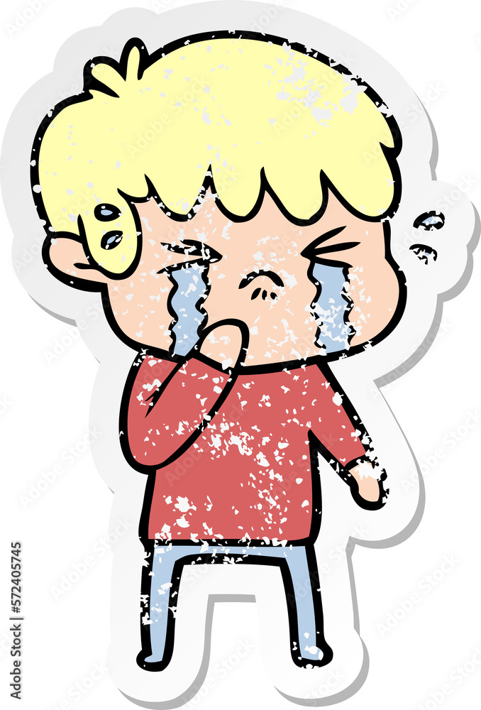 distressed sticker of a cartoon boy crying distressed sticker of a cartoon boy crying