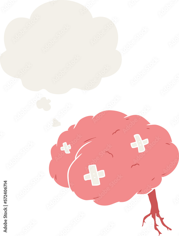 cartoon injured brain and thought bubble in retro style cartoon injured brain and thought bubble in retro style