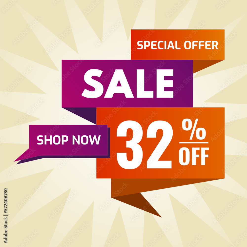 special offer sale buy now 32 percent off purple and orange
