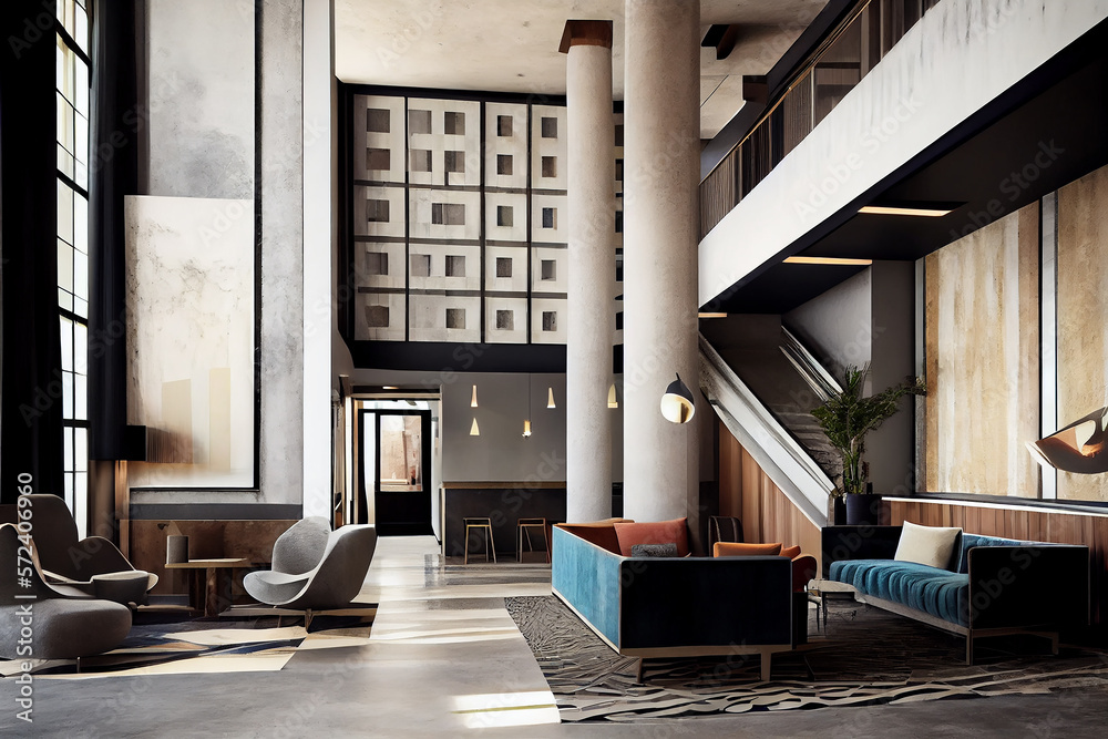 Interior of a hotel loby, high ceiling, concrete poles. generative AI