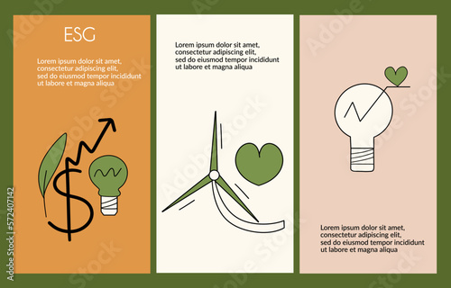 Sustainable environment green set of design templates, flyers. ESG concept. Vector hand drawn illustration