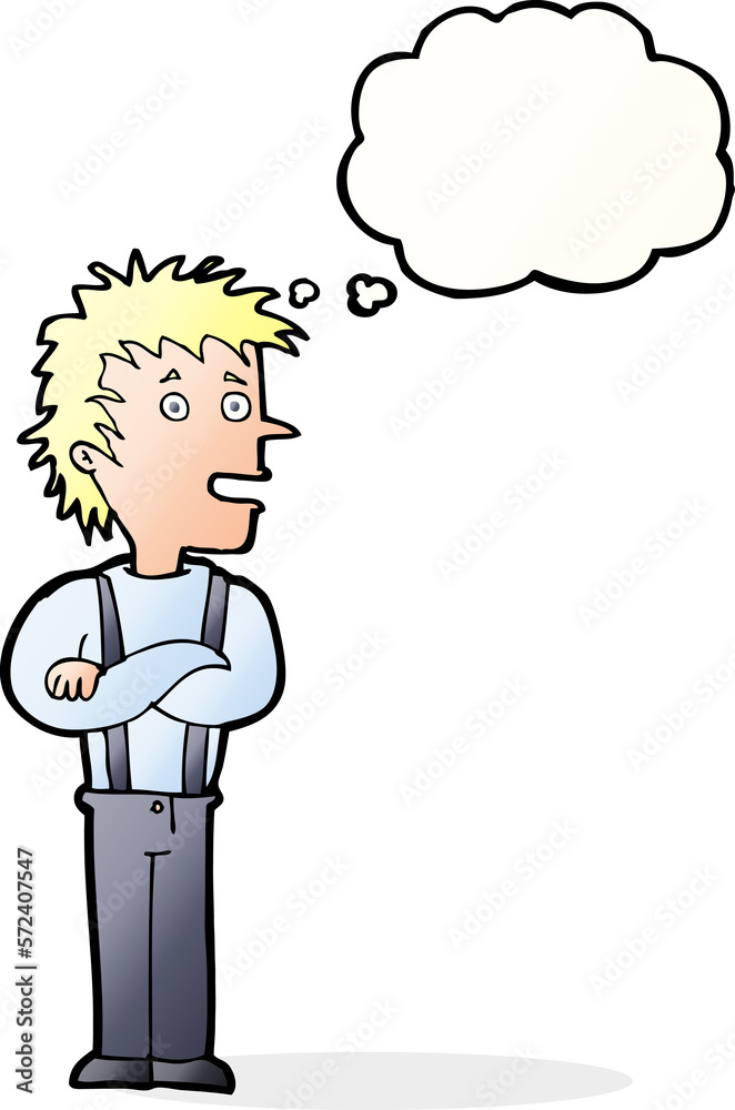 cartoon boy with folded arms with thought bubble cartoon boy with folded arms with thought bubble