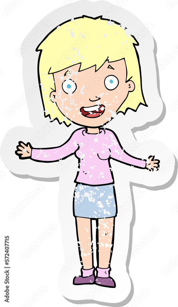 retro distressed sticker of a cartoon excited woman retro distressed sticker of a cartoon excited woman