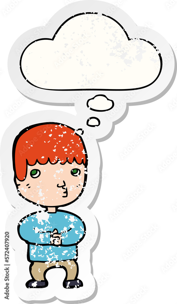 cartoon man thinking and thought bubble as a distressed worn sticker cartoon man thinking and thought bubble as a distressed worn sticker