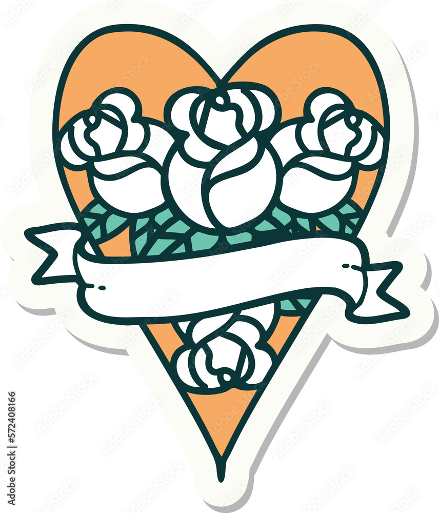 tattoo style sticker of a heart and banner with flowers tattoo style sticker of a heart and banner with flowers