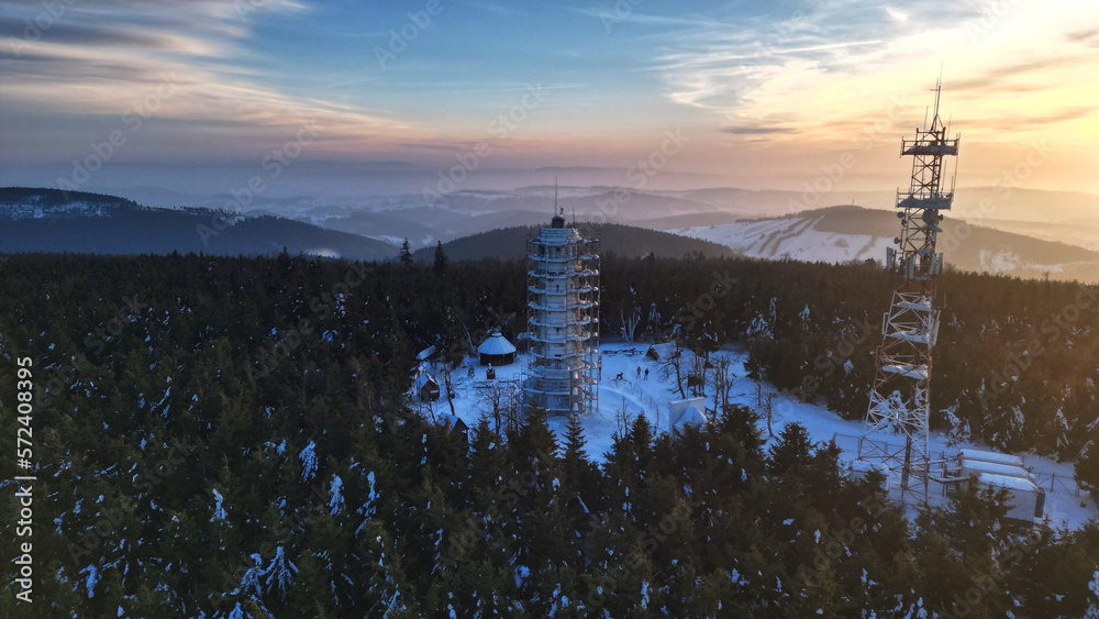 Obraz premium Aerial view of Wielka Sowa (Great Owl) during sunset - highest peak of the Owl Mountains in Central Sudetes, Poland