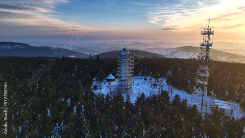 Aerial view of Wielka Sowa  Great Owl  during sunset - highest peak of the Owl Mountains in Central Sudetes  Poland