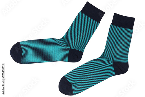 Pair of dark blue socks with turquoise stripes, on a white background, flat lay, isolate