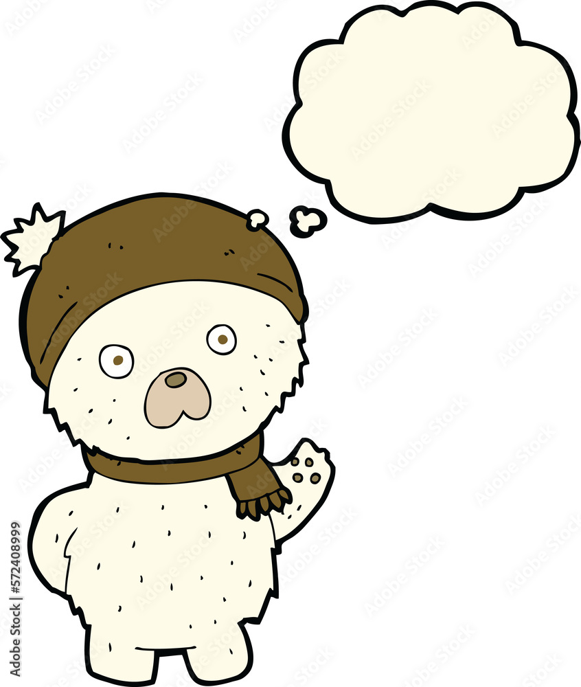 cartoon cute polar bear in winter hat and scarf with thought bubble cartoon cute polar bear in winter hat and scarf with thought bubble