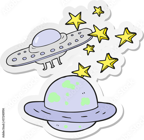 sticker of a cartoon flying saucer and planet