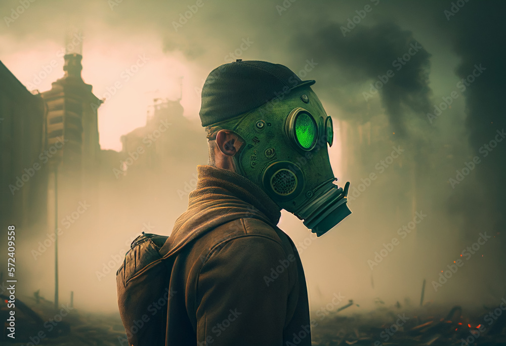 Gas mask on a man's face in Smog with smoke. Environmental disaster and Air pollution. Global warming and Hazard polluted. Nuclear explosion and chemical weapons poisoning in war. Ai Generative Gas mask on a man's face in Smog with smoke. Environmental disaster and Air pollution. Global warming and Hazard polluted. Nuclear explosion and chemical weapons poisoning in war. Ai Generative