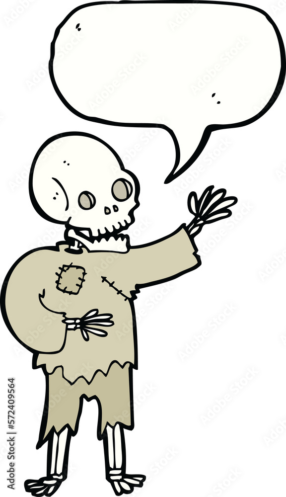 cartoon skeleton waving with speech bubble