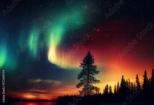 Northern lights over the sea, snowy mountains in aurora Polaris night. Starry sky during northern lights on lofoten islands. Norway arctic aurora Polaris landscape. Aurora borealis AI Generative. © MaxSafaniuk