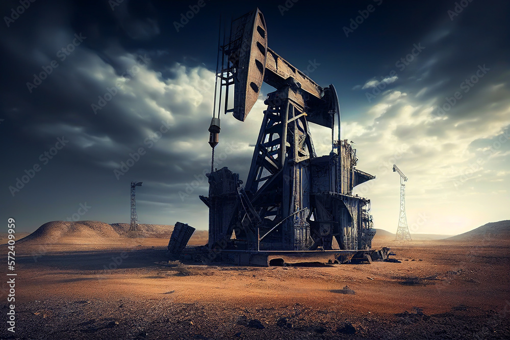 Pump jack in the desert in Space. Crude oil refinery plant. Fossil crude output. Oil extraction