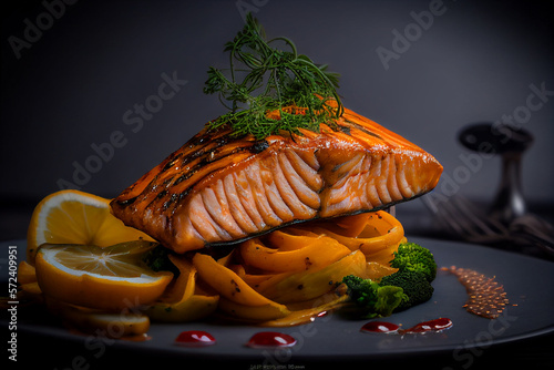 Grilled salmon steak. Red fish steak grill. Salmon steak red fish for baked. Delicious salmon red fish steak with spices and herbs. Restaurant menu Redfish steaks. Fish grill. AI Generative
