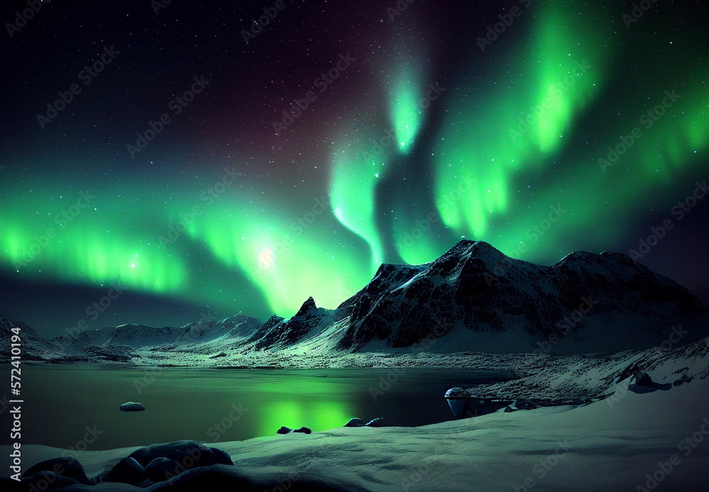 Northern lights over the sea, snowy mountains in aurora Polaris night. Starry sky during northern lights on lofoten islands. Norway arctic aurora Polaris landscape. Aurora borealis AI Generative.