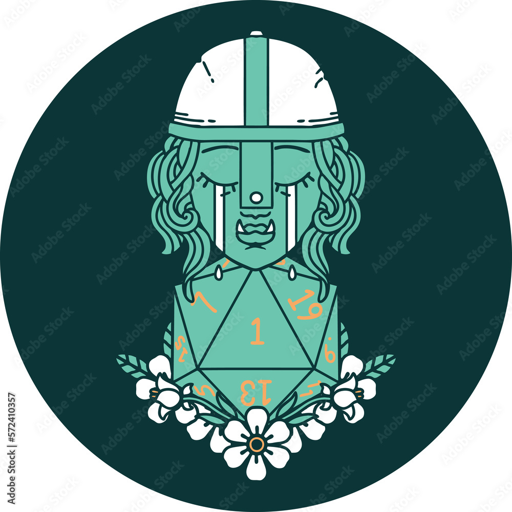 crying orc fighter character with natural one D20 roll icon crying orc fighter character with natural one D20 roll icon