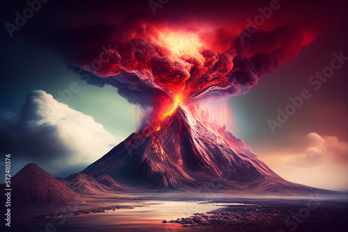 Volcanic eruptions landscape. Volcano magma at mountain Island. Volcano crater lava eruption. Lava crater with magma. Vulcanus view at night. Active Volcano with red Lava in Iceland. AI Generative