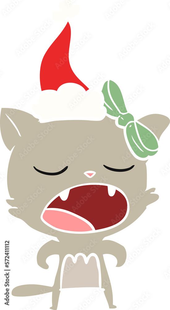flat color illustration of a cat meowing wearing santa hat flat color illustration of a cat meowing wearing santa hat