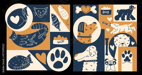 Modern cards with stylish and funny animals, cats and dogs. Postcards in hand drawn style with pets. Vector illustration in flat style