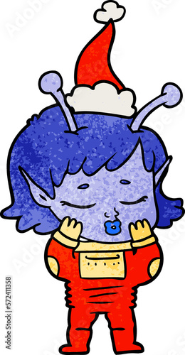 textured cartoon of a alien girl wearing santa hat
