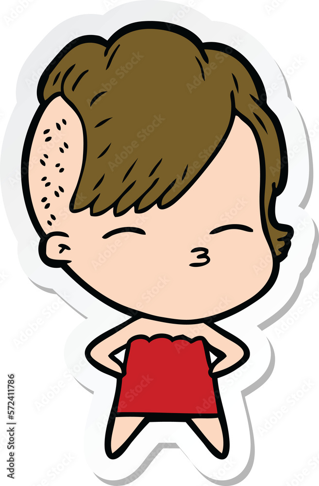 sticker of a cartoon squinting girl in dress
