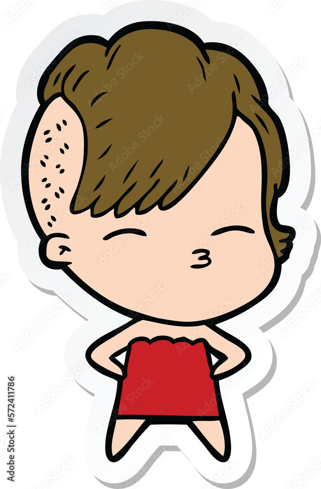 sticker of a cartoon squinting girl in dress sticker of a cartoon squinting girl in dress