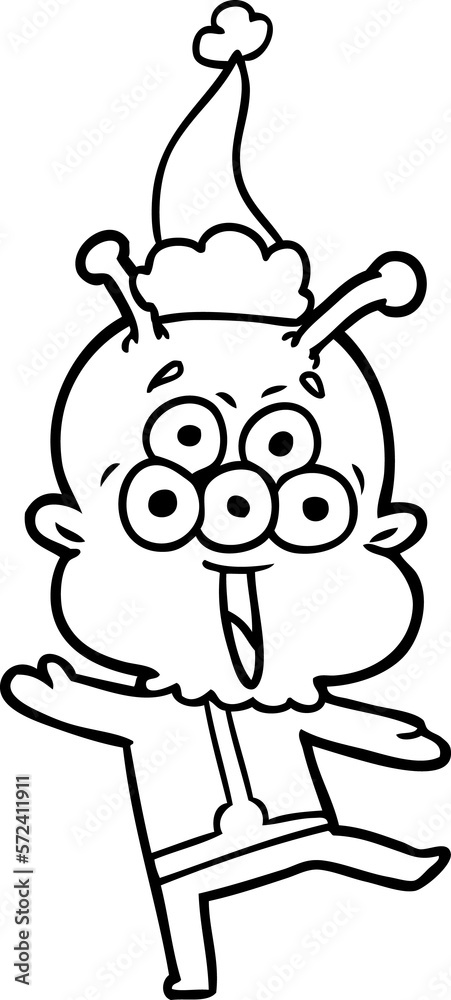 happy line drawing of a alien dancing wearing santa hat happy line drawing of a alien dancing wearing santa hat