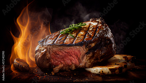 Juicy grilled steak with blood, on a dark platter.