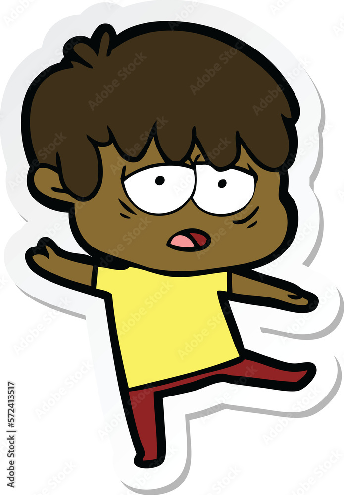 sticker of a cartoon exhausted boy